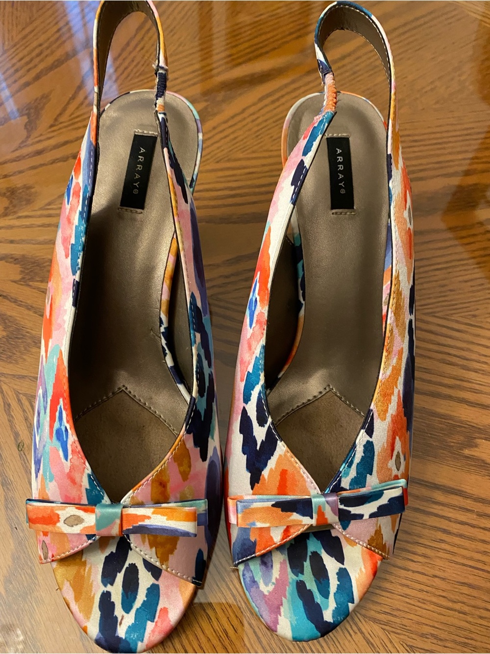 Array Multicolor Abstract Slingback Peep-Toe Mules with Bow